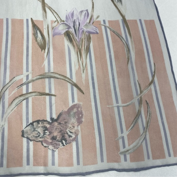SILK SCARF FORAL BUTTERFLIES GRAY PINK BROWN PURPLE ELEGANT MONEY LUXURIOUS - Picture 6 of 11